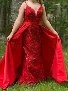 JJs House Red Beaded V-Neck Prom Gown with Detachable Overskirt